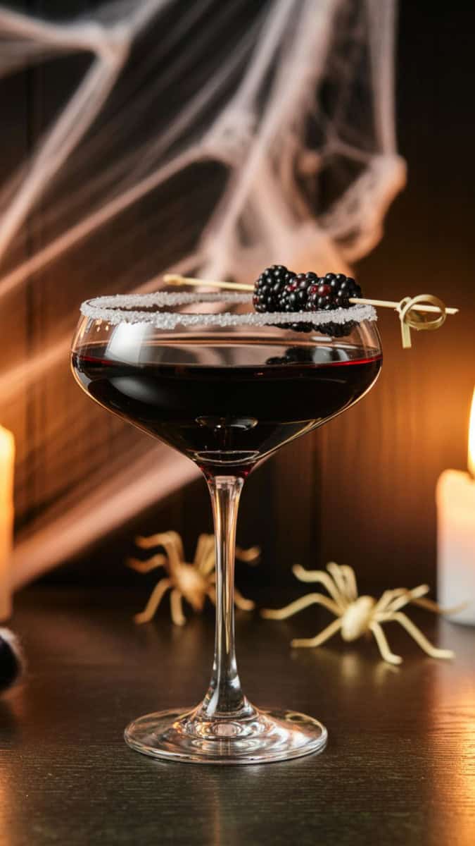 A sleek black martini in a crystal coupe glass, rim dipped in black sugar. Garnished with blackberries on a cocktail pick, set against a moody candlelit Halloween backdrop with cobwebs and tiny decorative spiders.