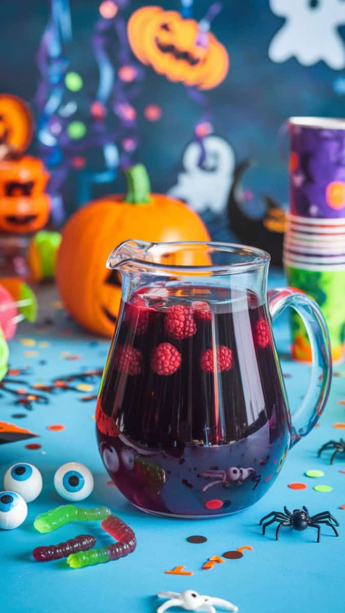 A gothic glass pitcher filled with deep purple punch, floating blackberries, and moody candlelight. Styled with black lace, skull decor, and dark flowers.