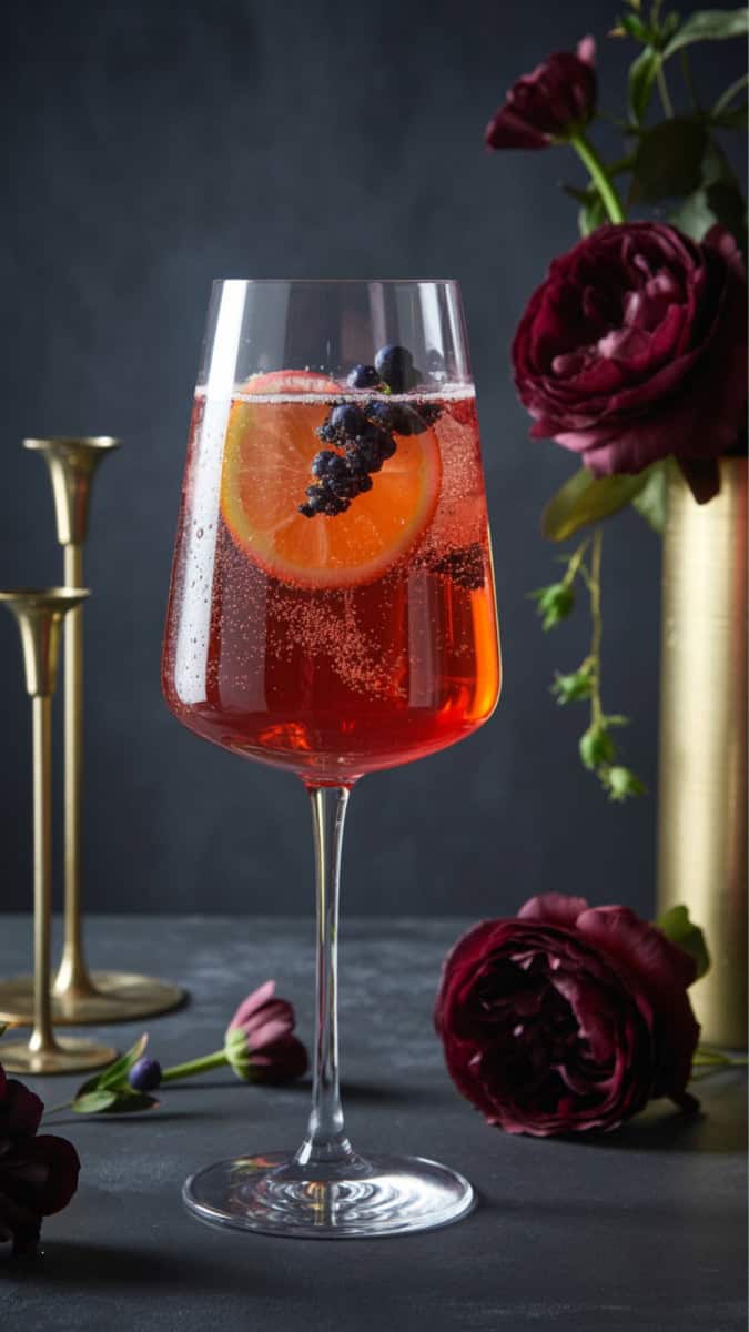 A wine glass filled with a glowing red-orange spritz with dark berry undertones. Styled with elegant stemware, gold accents, and gothic florals.