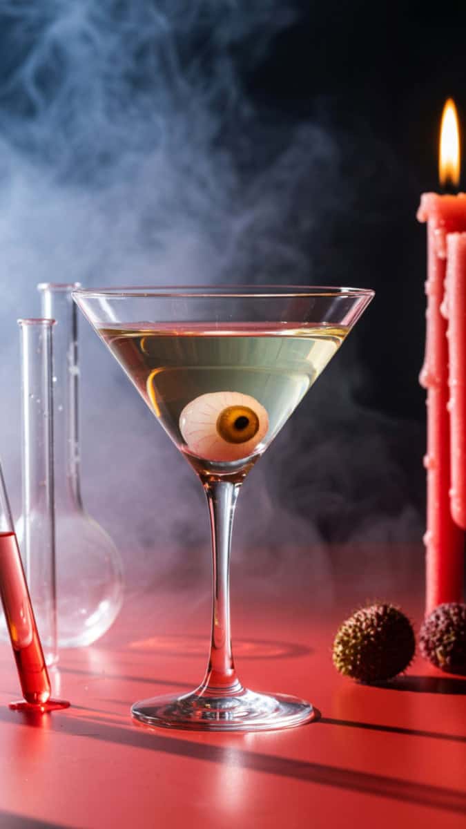 A crystal martini glass with a pale red-green cocktail and a floating lychee eyeball. Styled with test tubes, a foggy smoky background, and dripping red candle wax.