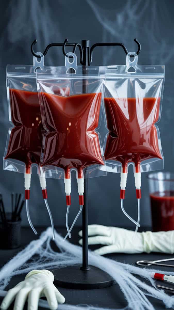 Clear IV bags filled with deep red Bloody Mary mix hanging on a spooky stand. Styled with fake medical props, surgical gloves, and a Halloween party table with cobwebs.