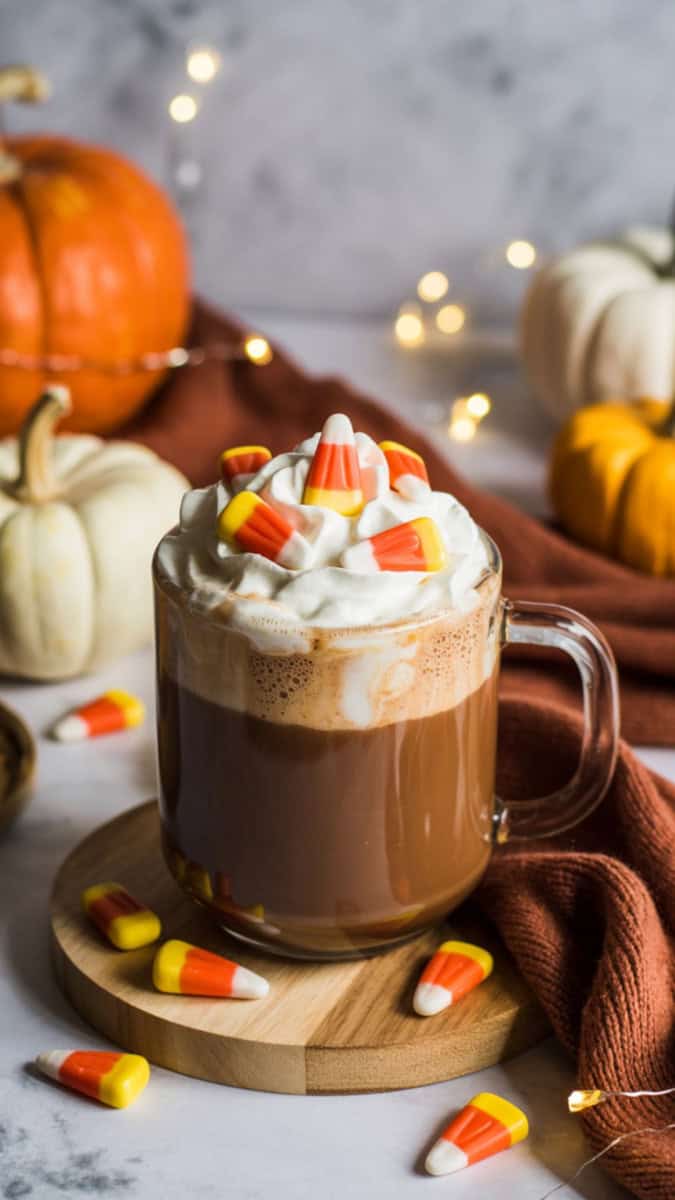 A clear mug of creamy golden hot chocolate topped with whipped cream and candy corn pieces. Styled on a fall-themed table with pumpkins, blankets, and twinkling lights.
