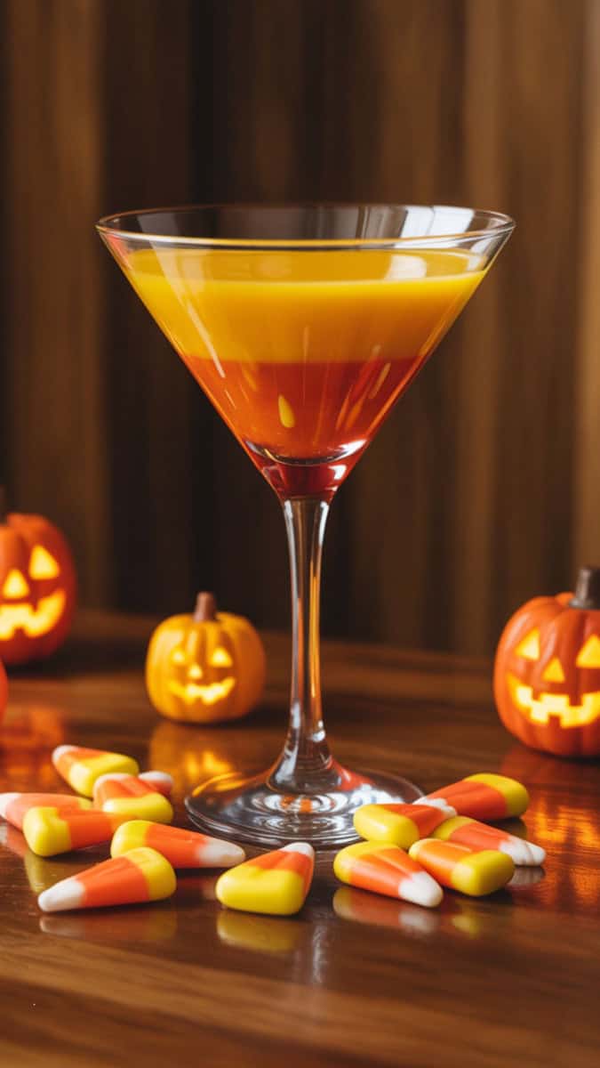 A martini glass with vibrant candy corn-colored layers—yellow, orange, and white—styled with a bowl of candy corn and glowing jack-o’-lanterns.