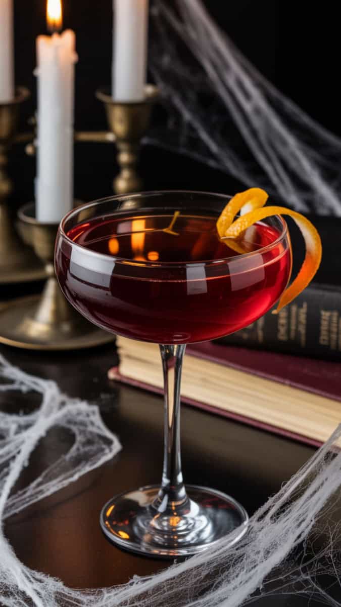 A moody coupe glass with a deep crimson cocktail, styled with a dramatic orange twist. Background includes gothic candles, faded spell books, and cobwebs.