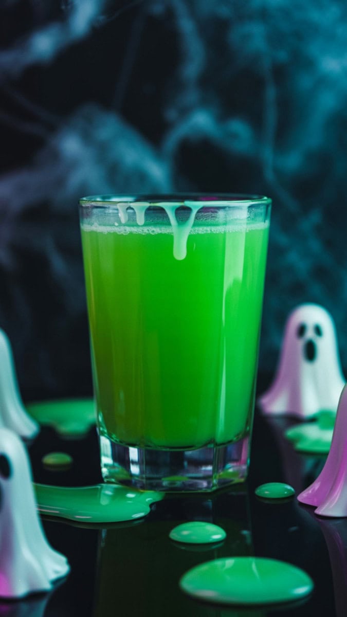 A neon green shot in a clear glass glowing under a black light. Styled with slime drips, plastic ghosts, and a foggy smoky background.