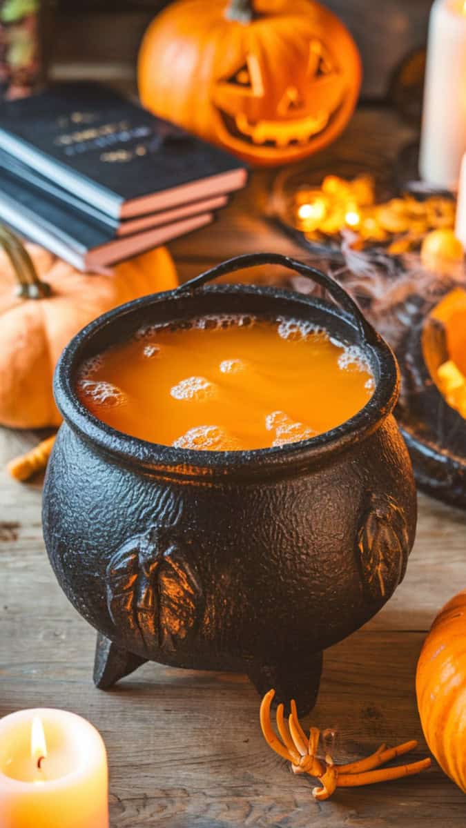 A black cauldron filled with bubbling orange punch, dry ice fog spilling over the sides. Styled with pumpkins, spell books, and candles.