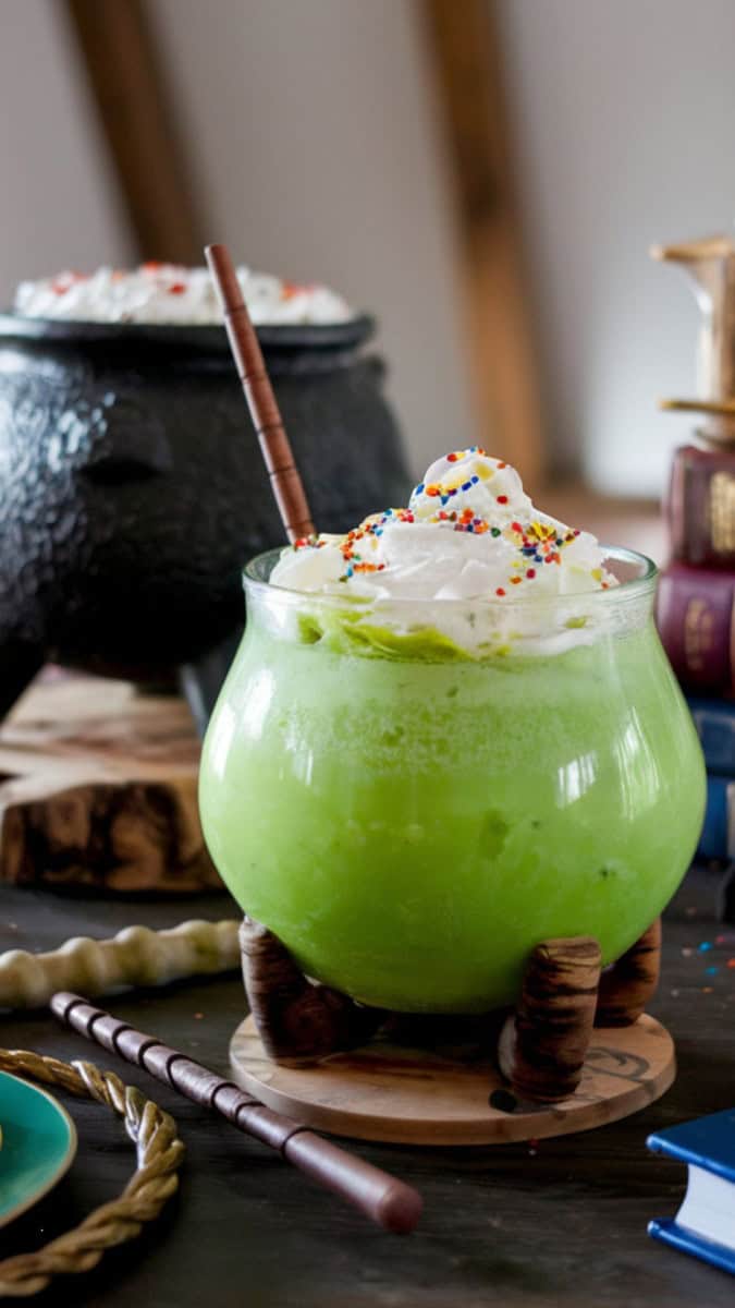 A bubbling glass cauldron of bright green punch with sherbet floating, topped with whipped cream and sprinkles. Styled with Harry Potter props, wands, and spell books.