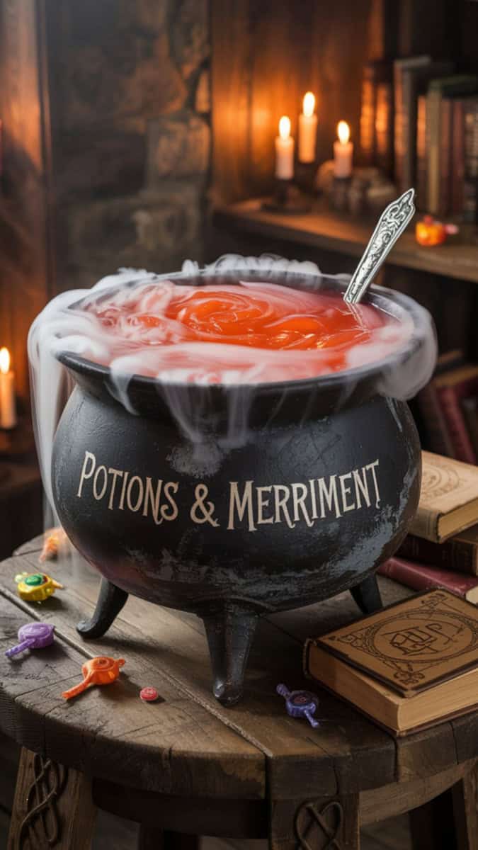 A black cauldron-style punch bowl bubbling with foggy dry ice, filled with glowing orange-red punch. Surrounded by flickering candles, spell books, and scattered candy.