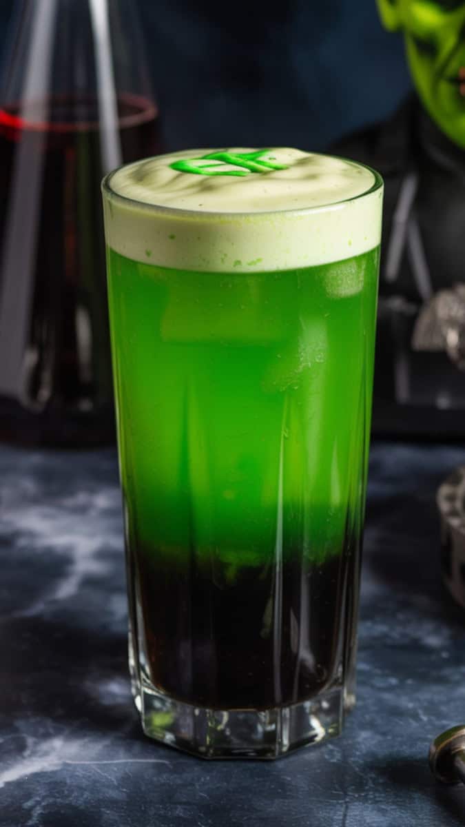 A layered neon green, black, and cream cocktail in a tall glass. Styled with Frankenstein props—bolts, stitches, and a spooky lab background.