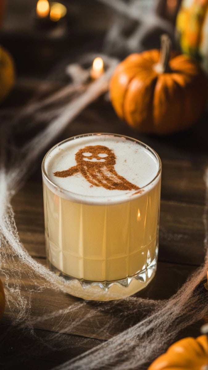 A creamy cocktail in a lowball glass, ghost face dusted in cinnamon on top. Styled with cobwebs, small pumpkins, and flickering candles.