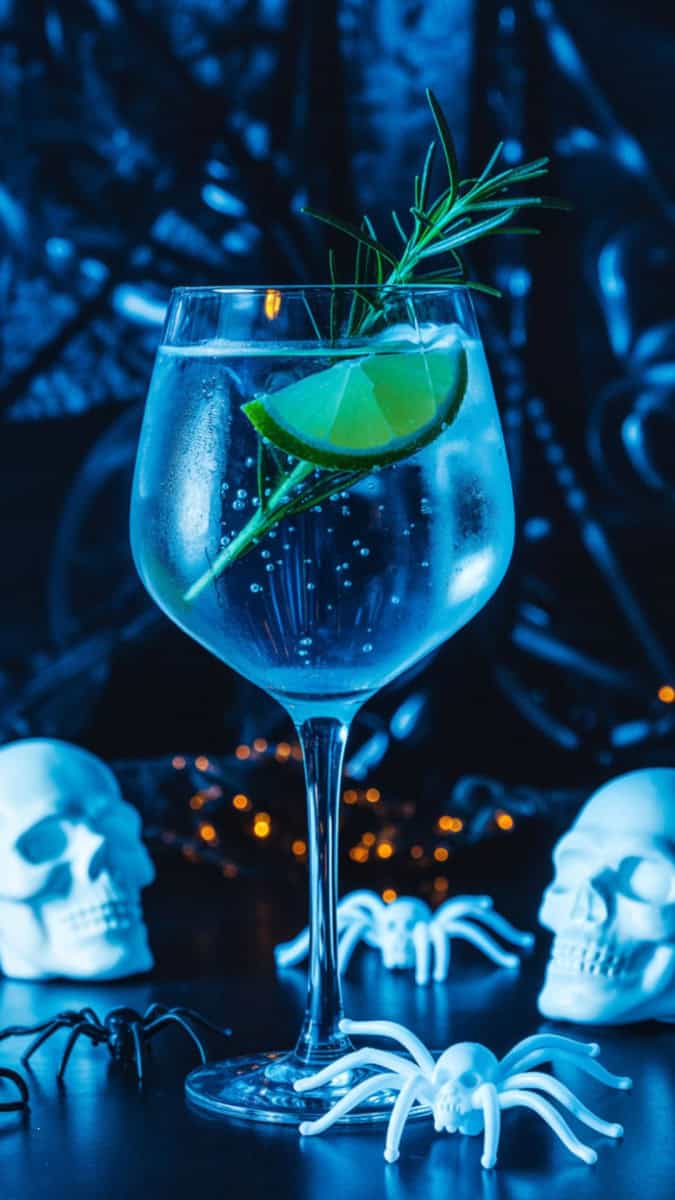 A glowing neon-blue gin and tonic cocktail in a tall glass under black light. Surrounded by spooky glowing props plastic spiders, glowing skulls, and a dark party backdrop.