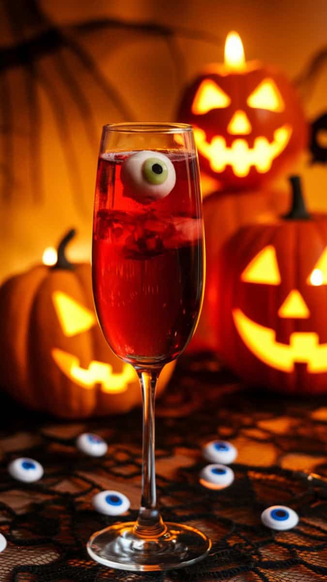 A champagne flute filled with deep red mimosa and a lychee eyeball garnish floating at the top. Styled with googly eyes scattered on the table, jack-o’-lantern candles, and black lace accents.