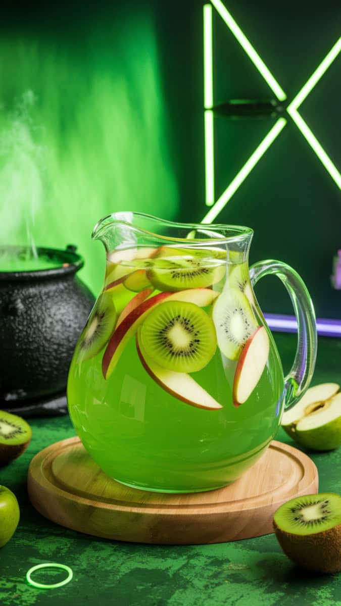 A large pitcher of bright green sangria with apple and kiwi slices floating. Styled with a glowing green backdrop, bubbling cauldron, and neon lighting.