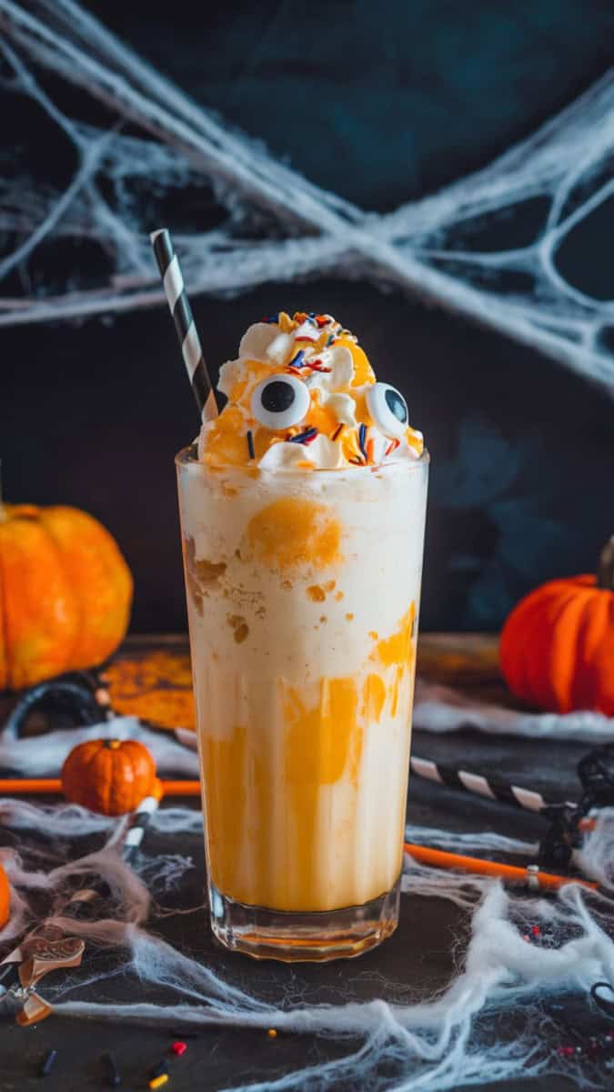 A tall glass filled with an orange ice cream float, whipped cream piled high, topped with candy eyes and sprinkles. Styled on a Halloween table with cobwebs, pumpkins, and striped straws.