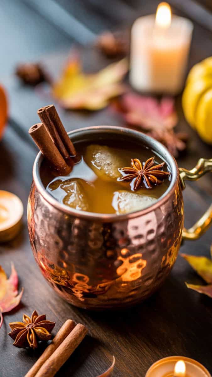 A copper mule mug filled with golden-brown cider cocktail, garnished with star anise and cinnamon. Styled with fall leaves, pumpkins, and candles.