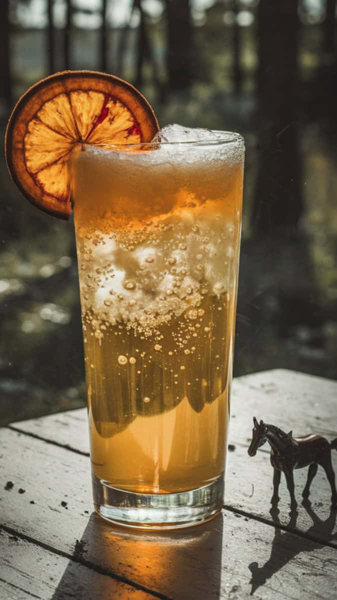 A tall glass fizzing with ginger beer, garnished with a dramatic blood-orange slice. Styled on a haunted forest backdrop with a small horse figurine casting a shadow.