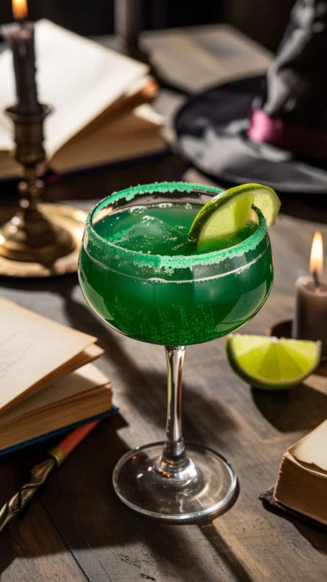 A bubbling bright green cocktail in a stemmed glass with a glowing green sugar rim. Dry ice fog spills over the glass, styled with spell books, black candles, and a witch’s hat nearby.