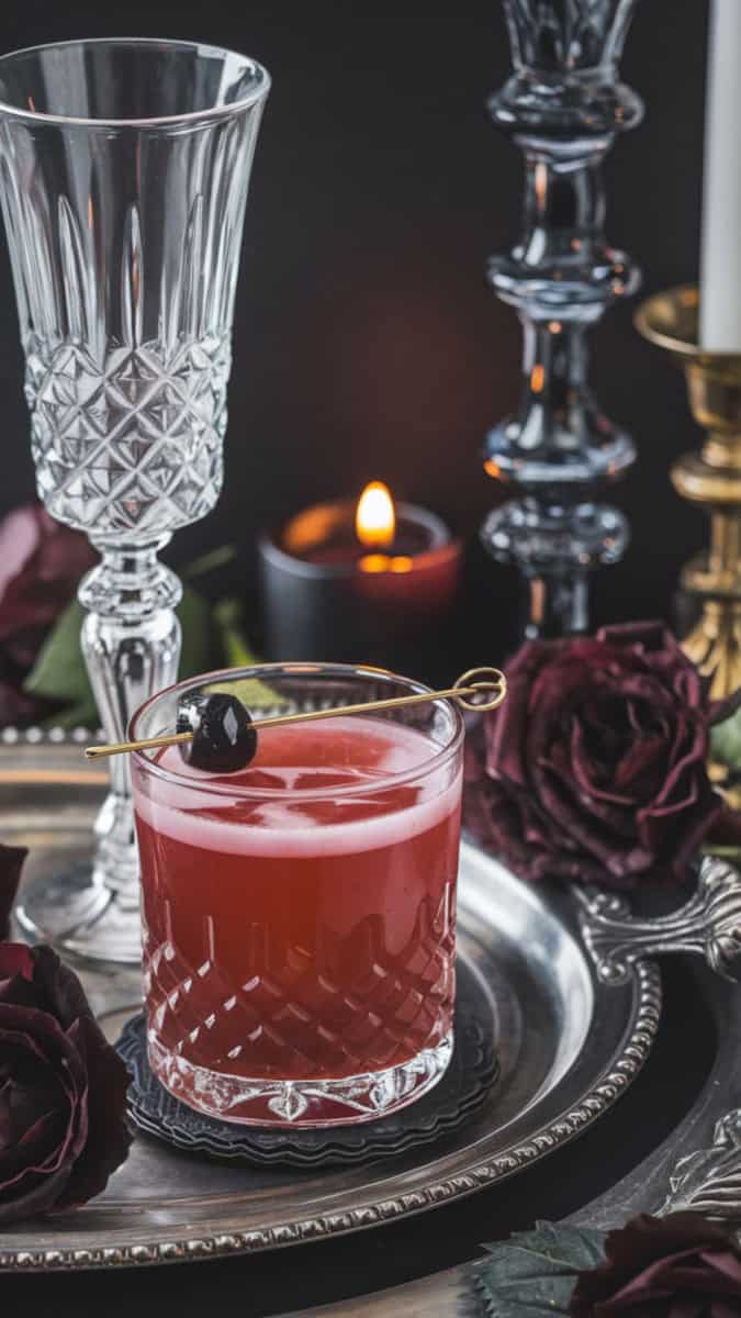 A rocks glass filled with a dark crimson cocktail, garnished with a black cherry. Styled with gothic goblets, dark roses, and candlelight.