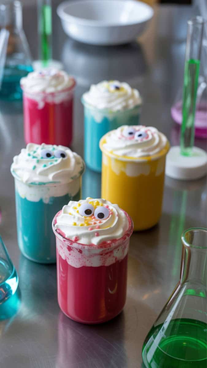 Colorful beakers filled with white hot cocoa topped with whipped cream and googly eye sprinkles. Styled on a lab table with bubbling beakers, test tubes, and glowing green liquid props.