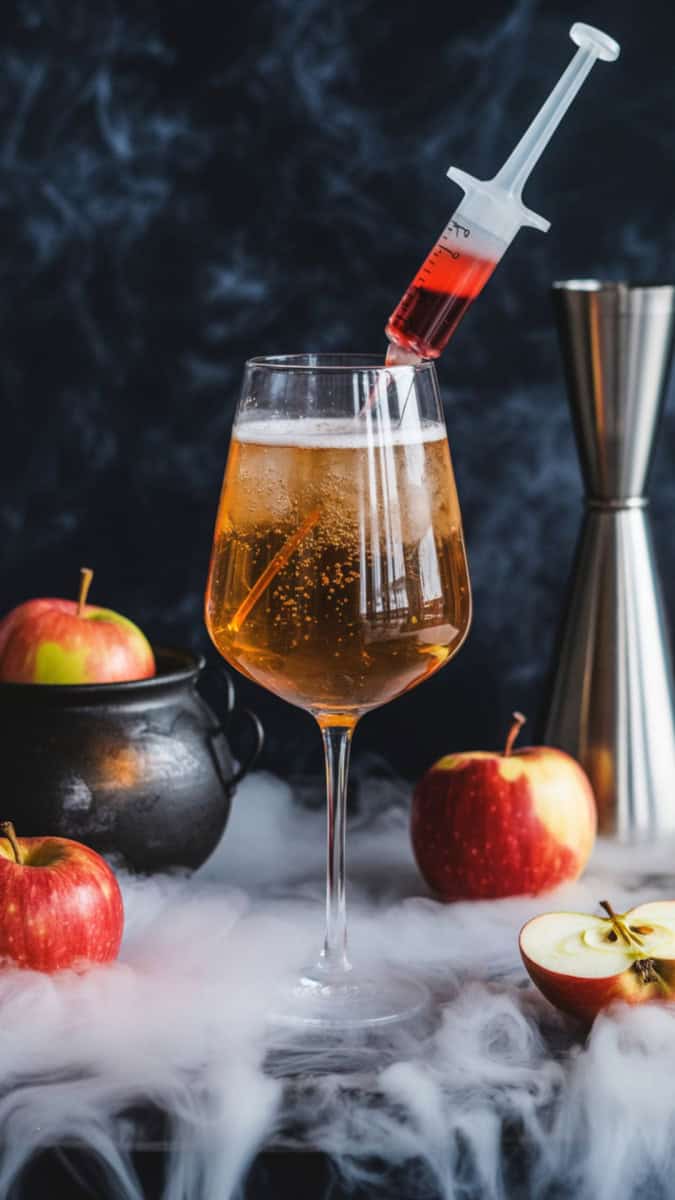 A bubbling golden cocktail in a stemless wine glass with a syringe filled with red grenadine on the side. Styled with apples, cauldrons, and smoky dry ice fog.
