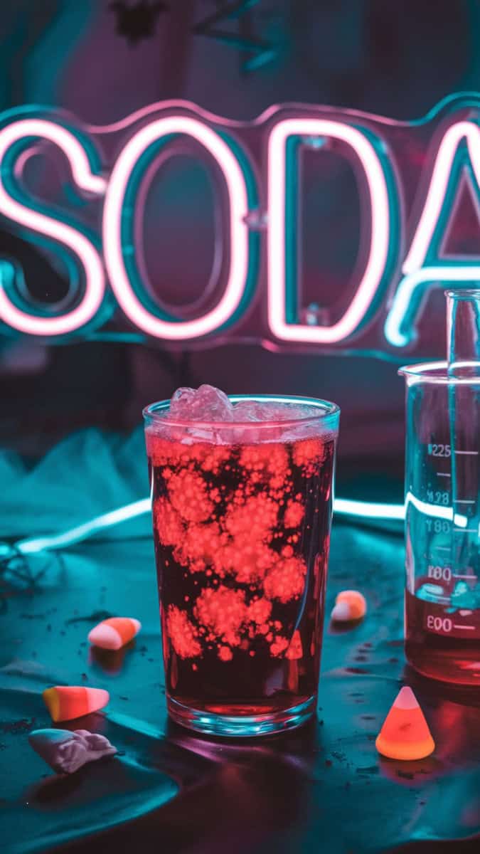 A glowing glass of red soda fizzing with Pop Rocks bursting on the surface. Styled with neon lights, Halloween candy, and bubbling beakers.
