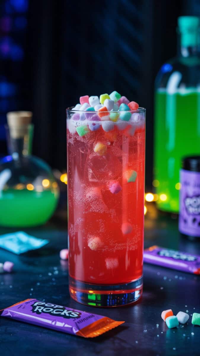 A tall, glowing Halloween cocktail in a clear highball glass, fizzing as colorful Pop Rocks candy sparkles on top. The drink is bright red with tiny bursts of candy crackling over the surface. Styled on a dark party table with neon lighting, glowing green potion bottles, and scattered Pop Rocks candy packets for effect.