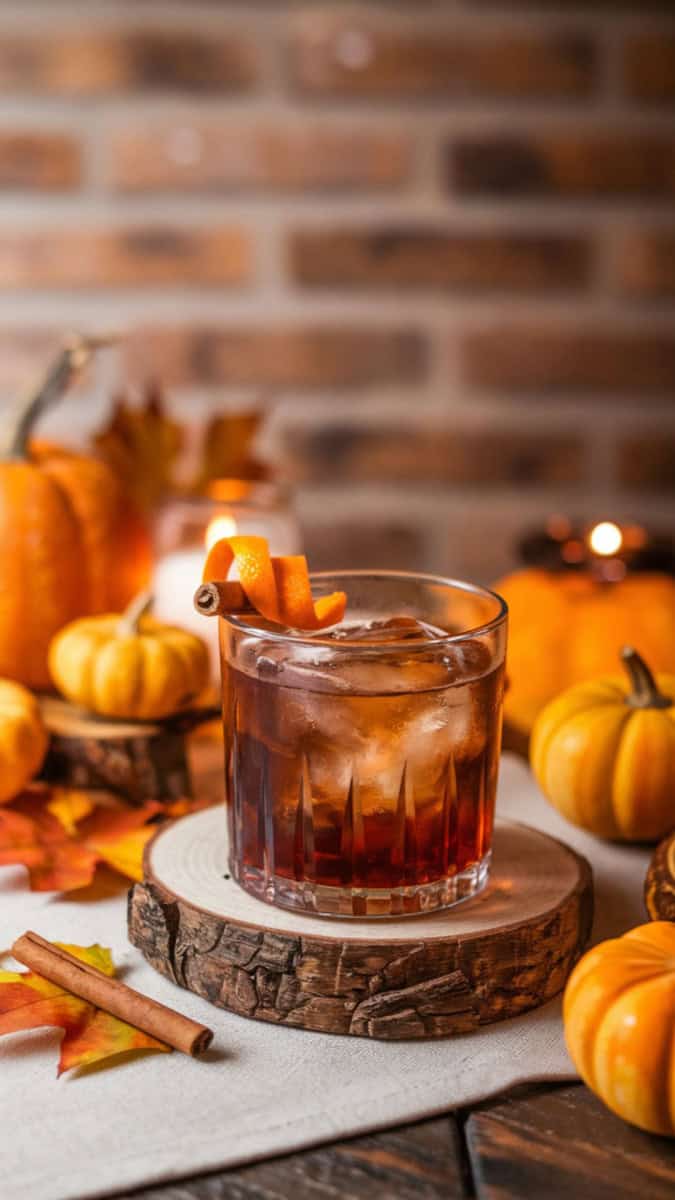 A rustic rocks glass with a dark amber drink over a large ice cube, garnished with an orange twist and cinnamon stick. Styled with mini pumpkins, autumn leaves, and candlelight.