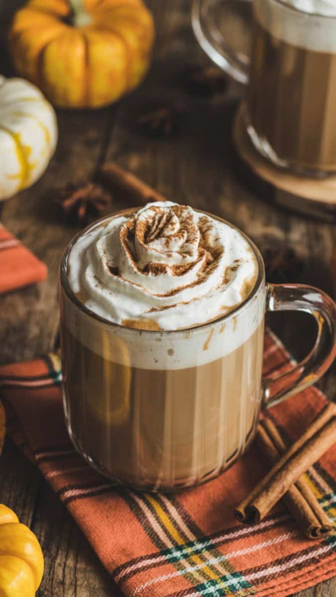 A steaming glass mug filled with a creamy latte, topped with whipped cream and a dusting of cinnamon. Styled on a rustic wooden table with mini pumpkins, cinnamon sticks, and a cozy orange plaid napkin.
