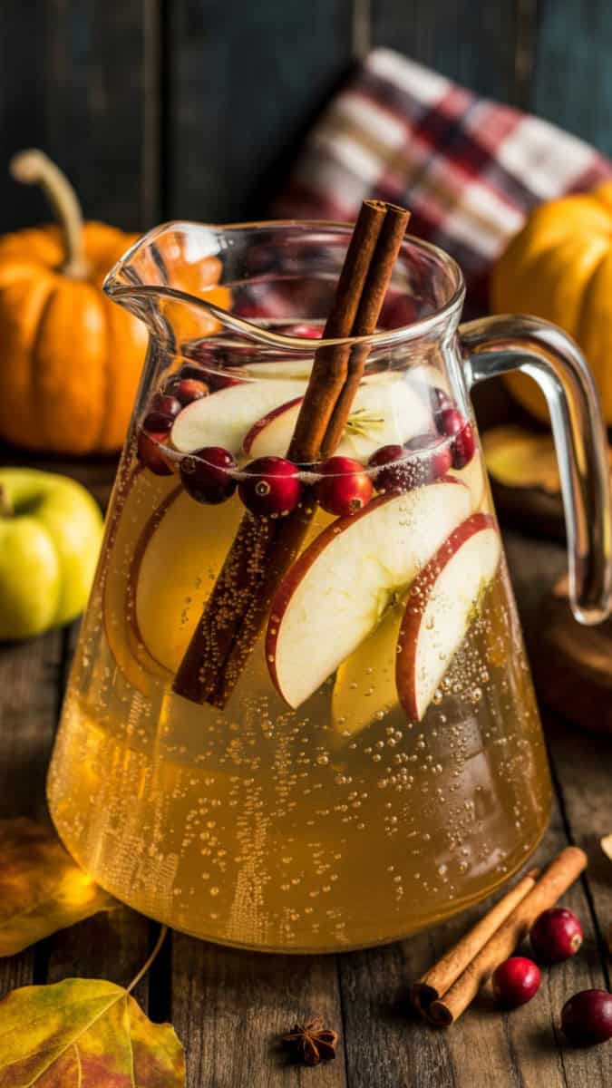 A clear glass pitcher brimming with golden sparkling apple cider sangria, filled with thin apple slices, fresh cranberries, and cinnamon sticks. The bubbles shimmer in the light, with condensation on the glass for a refreshing look. Styled on a rustic wooden table with autumn leaves scattered around, small pumpkins, and a plaid fall napkin in the background for cozy seasonal vibes.
