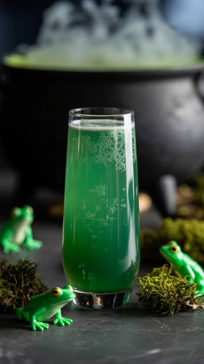 A tall glass of slimy green cocktail with bubbles, styled with swampy décor moss, fake frogs, and a smoky cauldron in the background.
