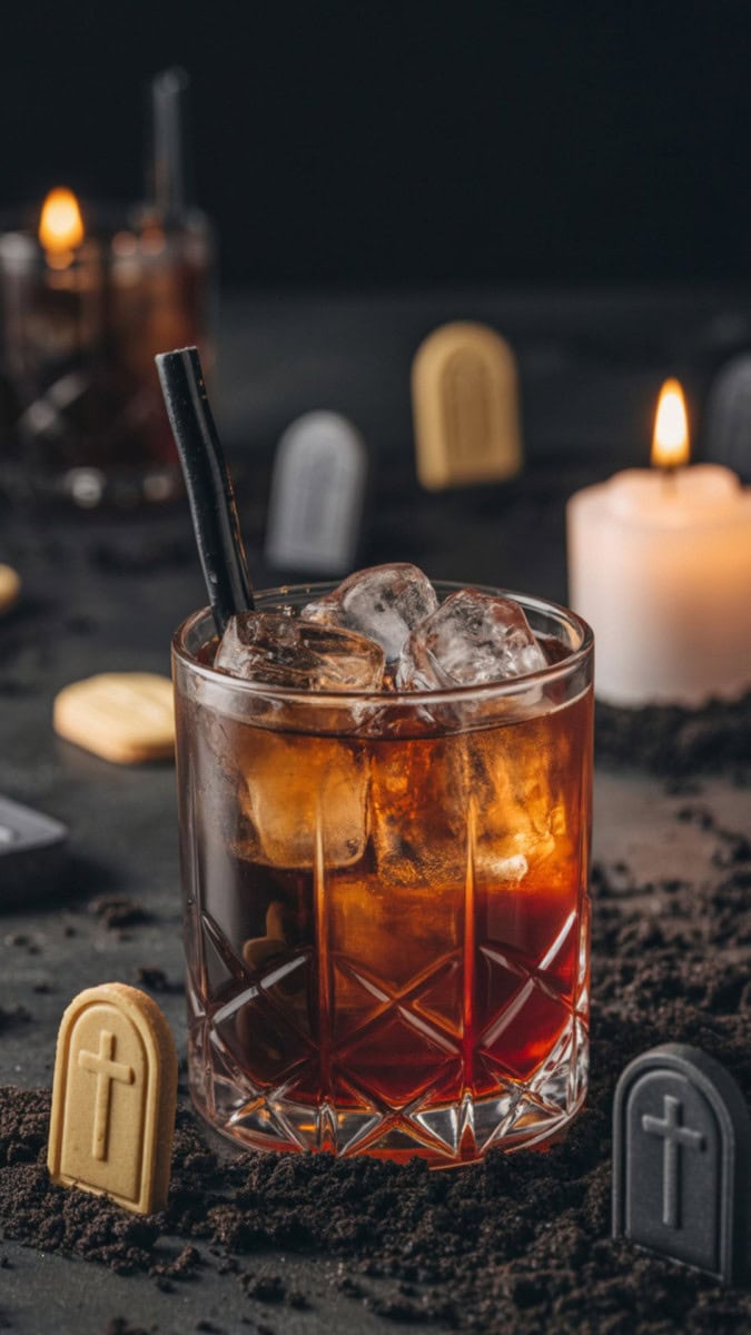 A short glass filled with amber-brown cocktail over crushed ice, a black licorice stick poking up like a grave marker. Surrounded by crumbled cookie “dirt,” tiny tombstones, and a flickering candle.
