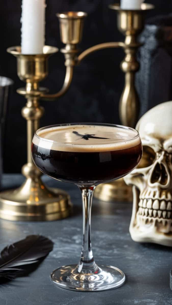 A dark, moody cocktail in a short glass, nearly black with a foamy stout head. Styled with gothic candlesticks, a skull prop, and a raven feather.