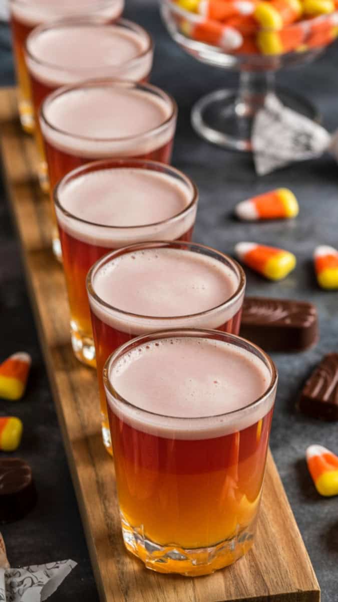A row of layered mini-shots with candy-colored hues, styled on a Halloween candy table with candy corn, chocolates, and wrapped sweets.