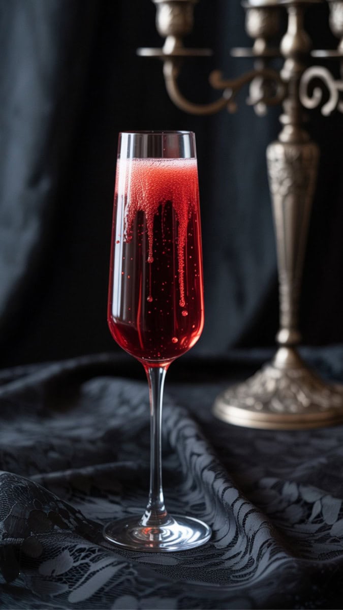 Tall champagne flute with bubbling champagne tinted red, a blood-like drizzle of grenadine running down the inside. The glass sits on black lace fabric with a gothic candelabra behind it.