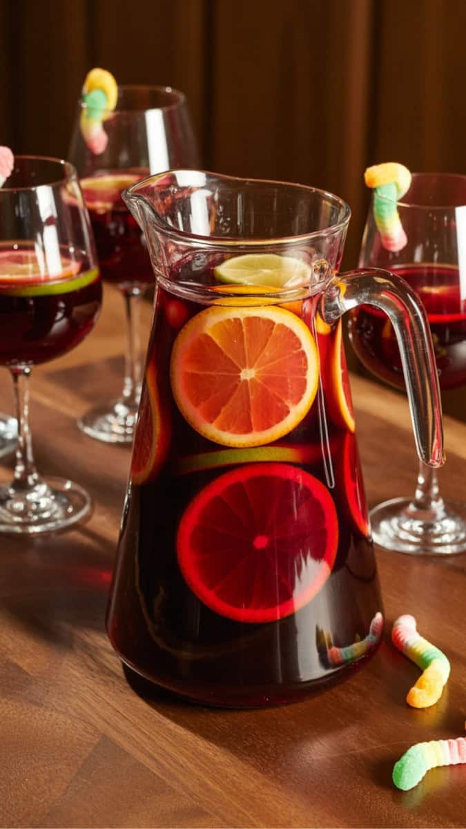 A tall glass pitcher of deep red sangria filled with fruit slices. Gummy worms hang from the rim of glasses, surrounded by bubbling cauldrons and a black tablecloth.