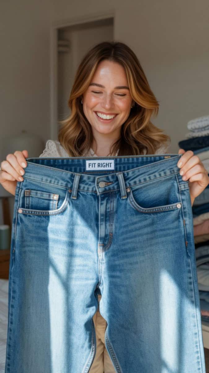 A scale pushed to the side, with a focus on a person smiling while holding up jeans that fit better. Focus on mood, not numbers.