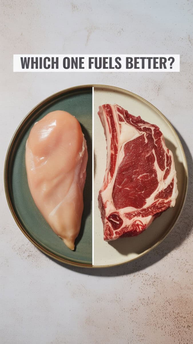 Side-by-side visual of lean chicken breast on one plate and fatty ribeye on another. Caption: “Which one fuels better?”