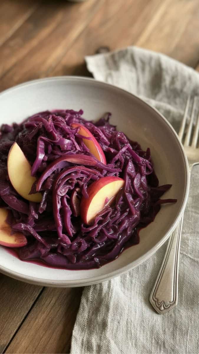 bowl of braised red cabbage with apples