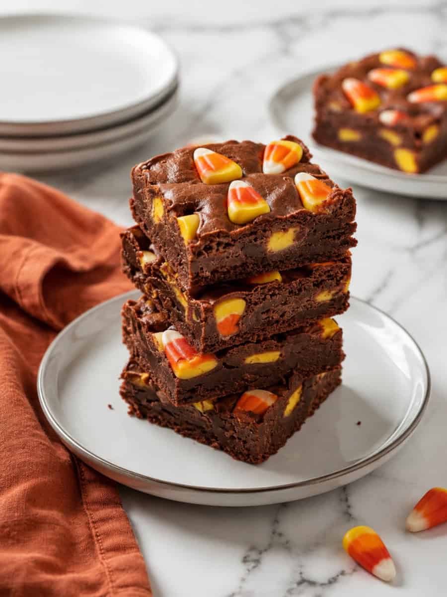 stack of chocolate candy corn brownies