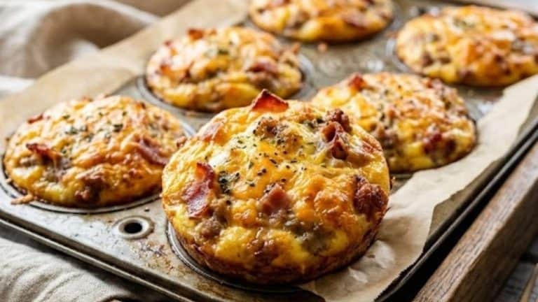 A metal muffin tin containing six golden-brown egg muffins topped with melted cheddar cheese and crumbled bacon sits on a dark wooden table