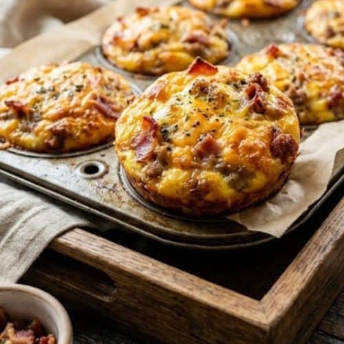 A metal muffin tin containing six golden-brown egg muffins topped with melted cheddar cheese and crumbled bacon sits on a dark wooden table
