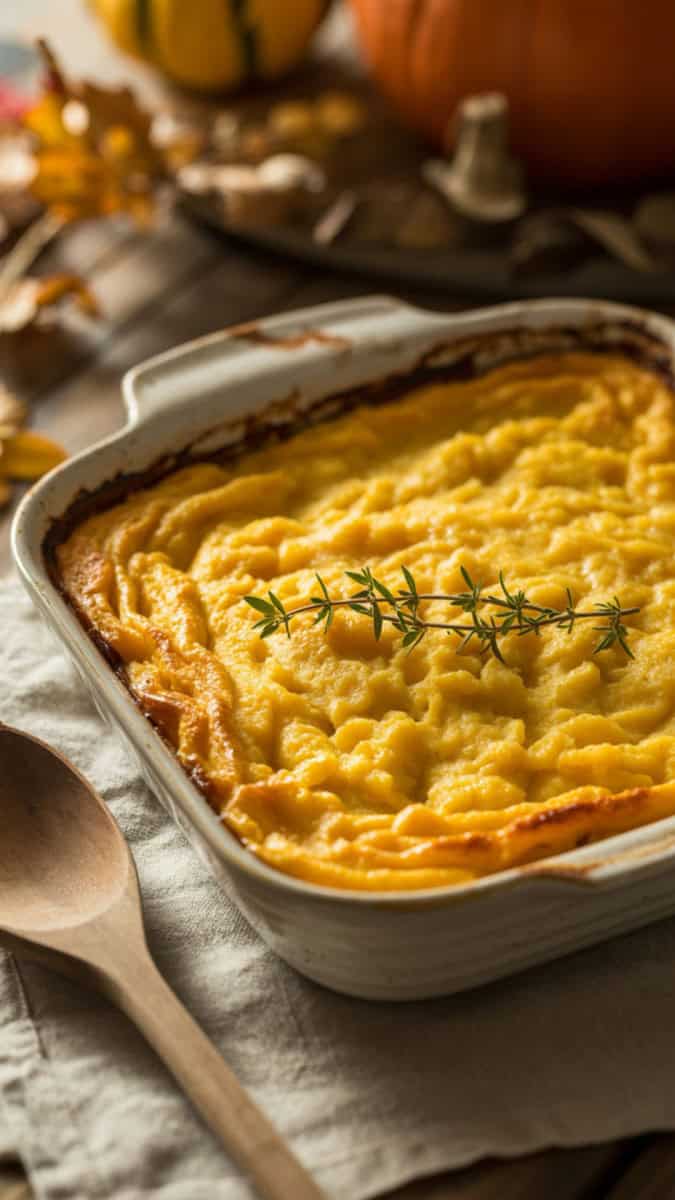 A golden-baked corn pudding in a cast iron skillet, edges slightly caramelized and center soft and custardy. Garnished with a sprinkle of fresh thyme. Styled with a wooden spoon and rustic fall décor in the background.