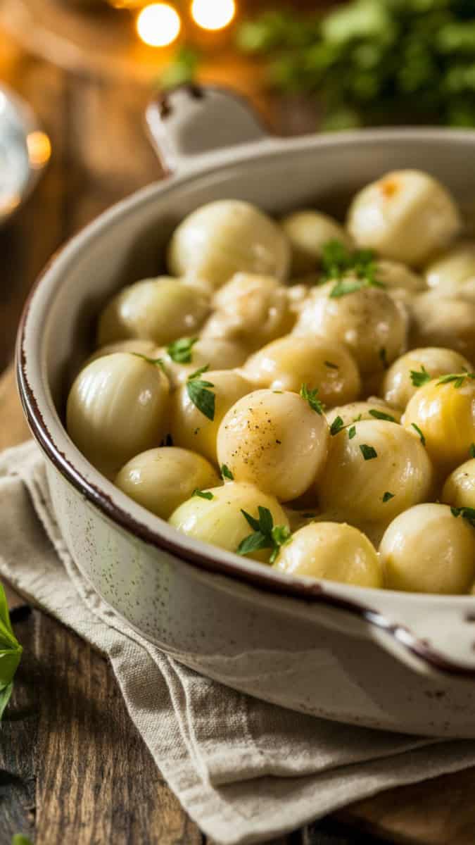 A rustic ceramic casserole dish filled with pearl onions coated in creamy white sauce, lightly topped with fresh parsley. The dish is set on a wooden table with a linen napkin.