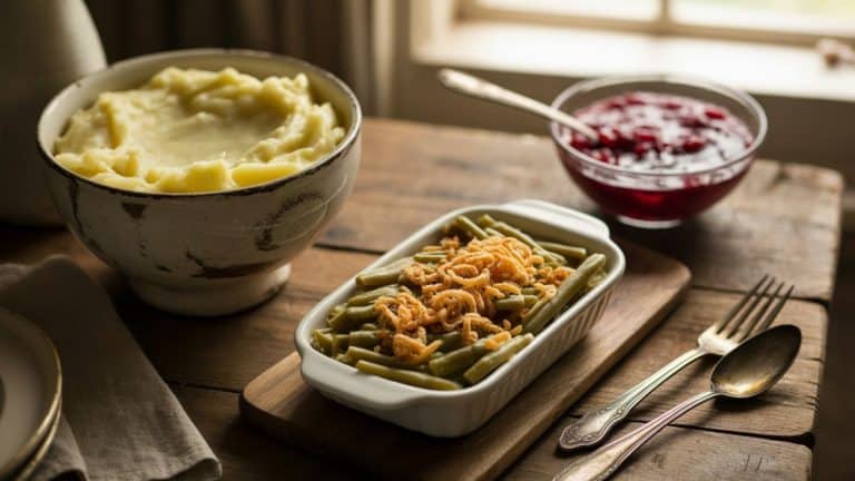 several rustic serving dishes with classic sides: a casserole dish of creamed pearl onions in a cream sauce, golden baked corn pudding with slightly browned edges, a platter of glazed carrots with a shiny butter glaze, and a small crystal bowl of fresh cranberry relish