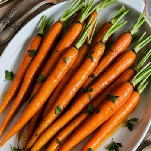 Vibrant orange glazed carrots arranged on a white oval serving platter, shiny with brown sugar and butter glaze. Garnished with fresh parsley. Styled with vintage silver cutlery