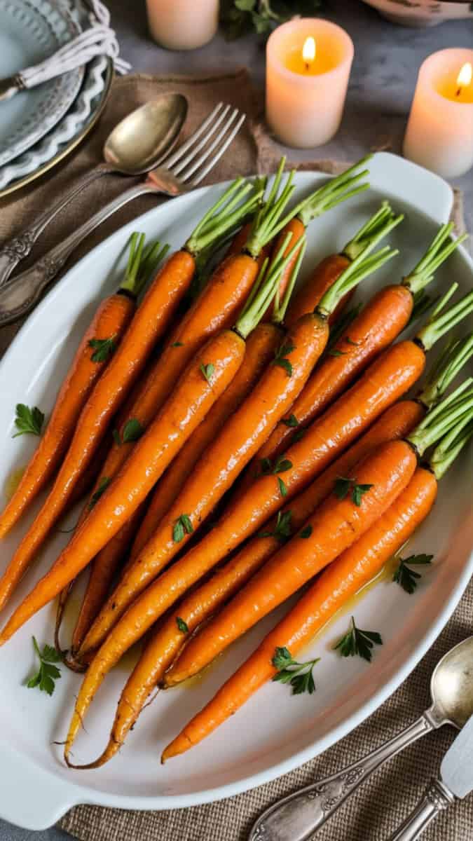Vibrant orange glazed carrots arranged on a white oval serving platter, shiny with brown sugar and butter glaze. Garnished with fresh parsley. Styled with vintage silver cutlery