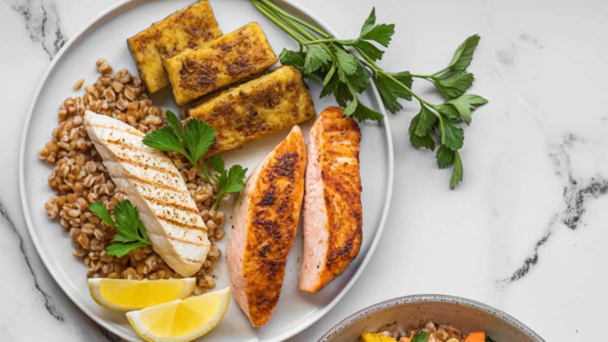 grilled chicken, salmon and tofu with farro