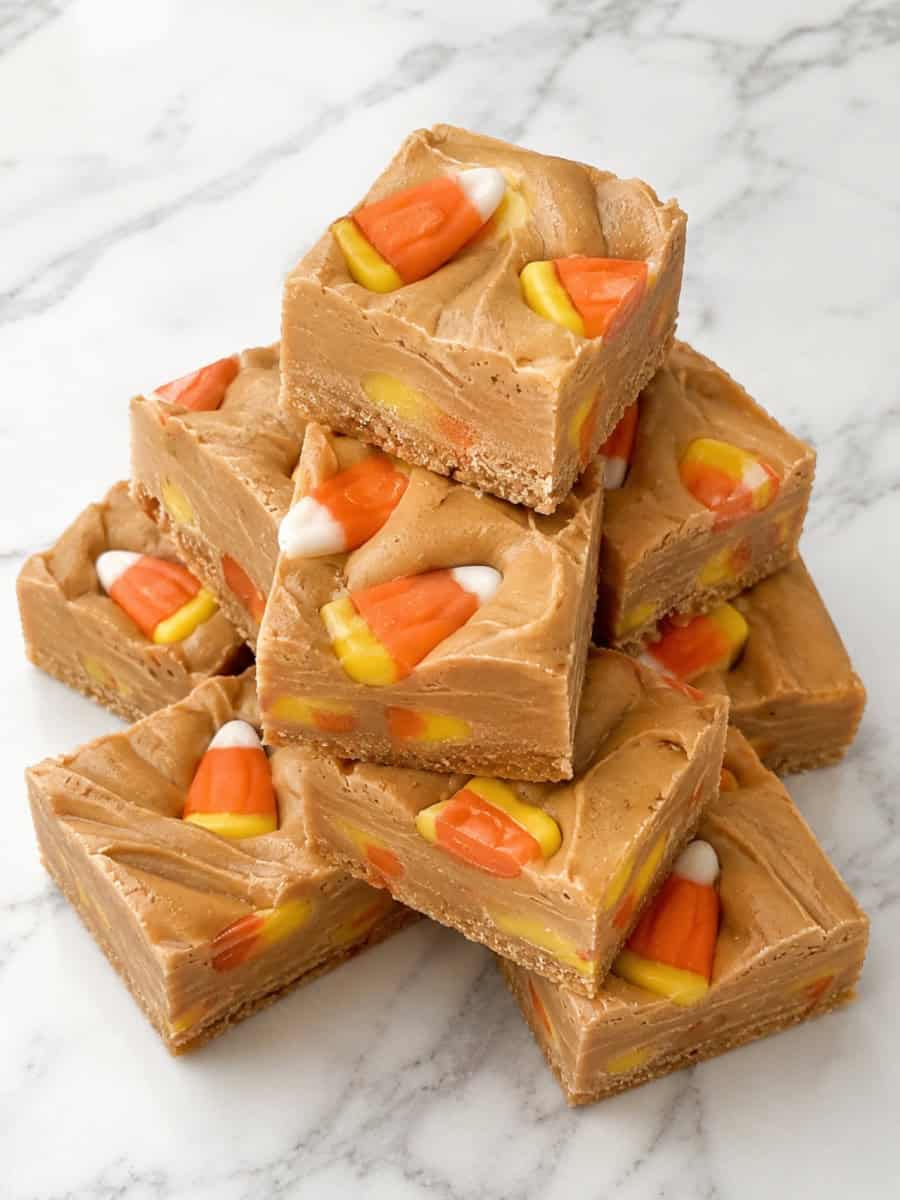 stack of peanut butter candy corn blondies