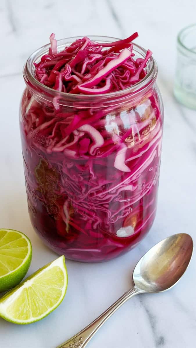 quick pickled red cabbage in a glass jar