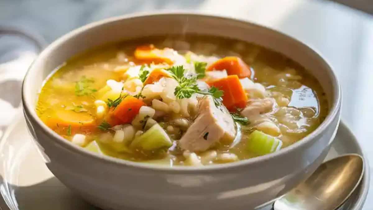 A close-up image of a cozy bowl of homemade chicken soup showing tender diced chicken, sliced carrots, celery, onion, and rice floating in a golden broth, sprinkled with fresh parsley.